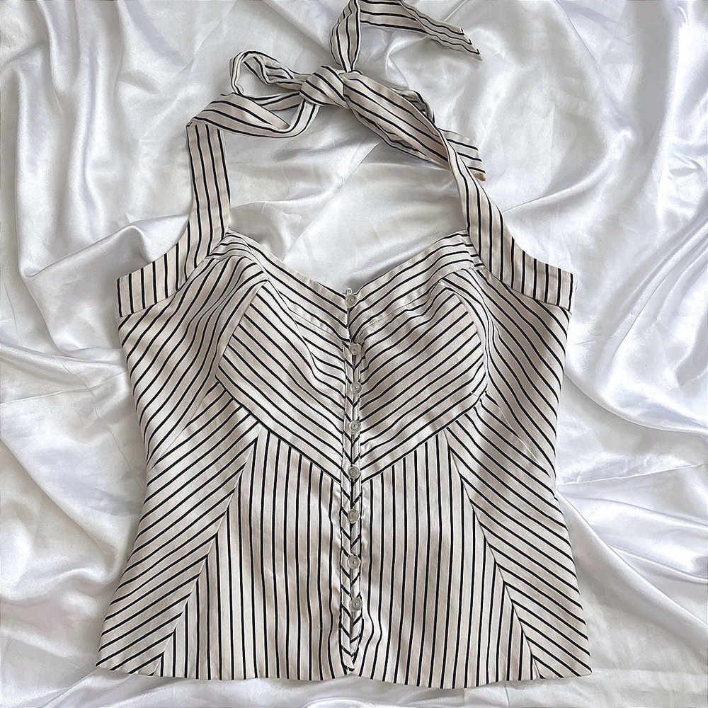 White House Black Market Striped Halter Top Cream Black Button Front Size 4